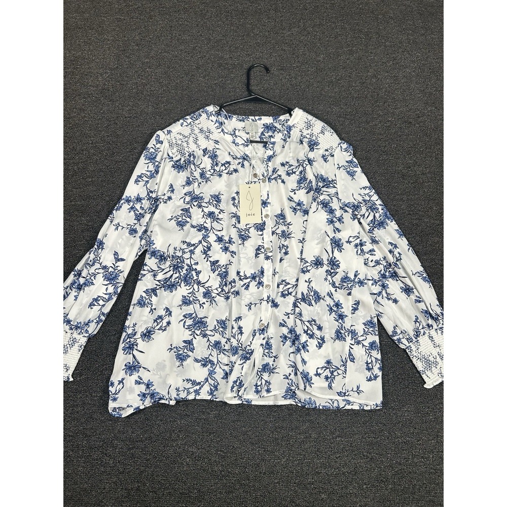 Joie Blouse Womens 3X Plus Blue White Floral Button Up Boho Lagenlook V-Neck NEW